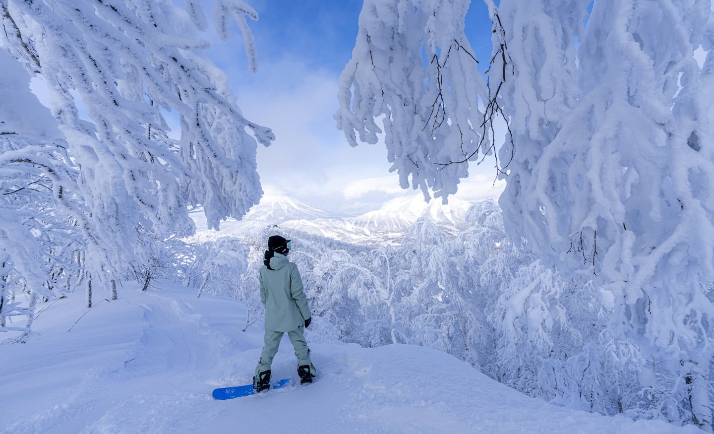 Rusutsu in Japan - a person standing in the snow with a snowboard.