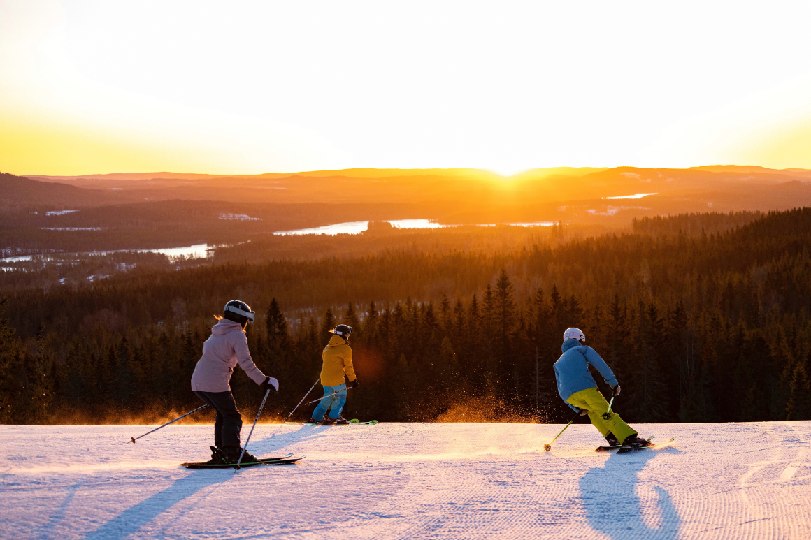 Säfsen in Sweden - a group of people riding ski boards down a hill.