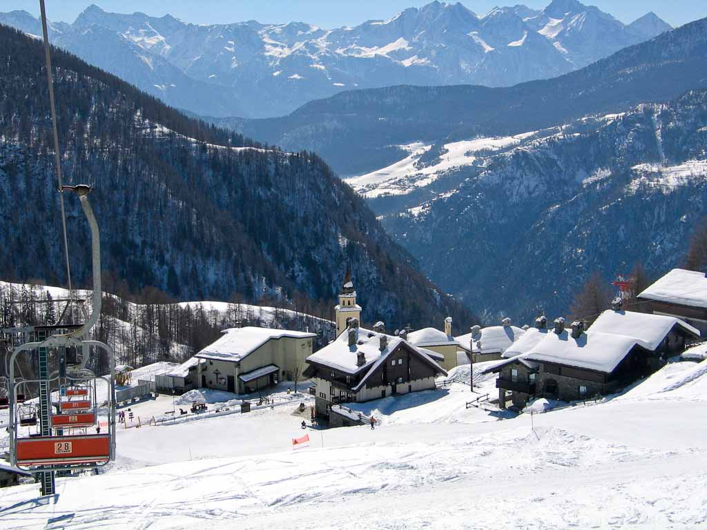 Chamois in Italy: a view of a ski resort in the mountains.