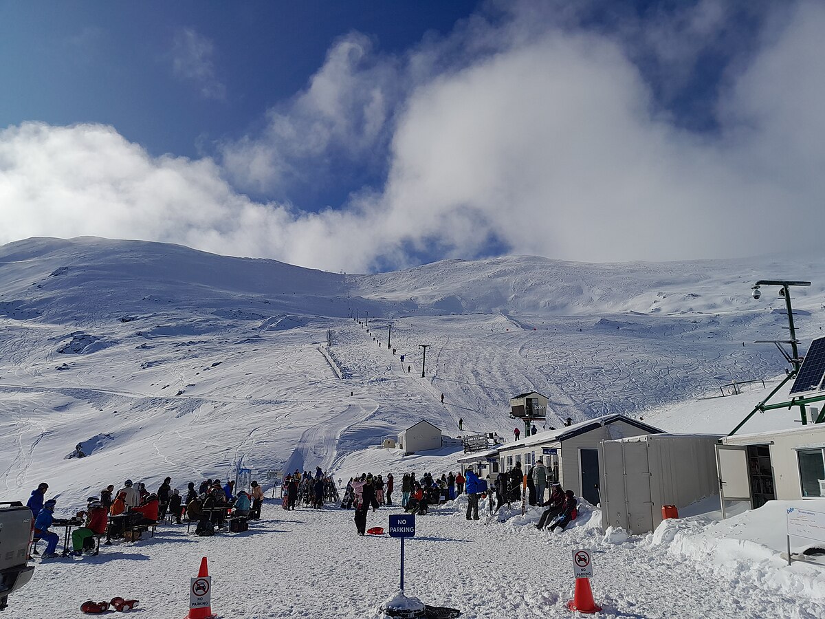 Mt Dobson in New Zealand - a group of people standing in the snow.