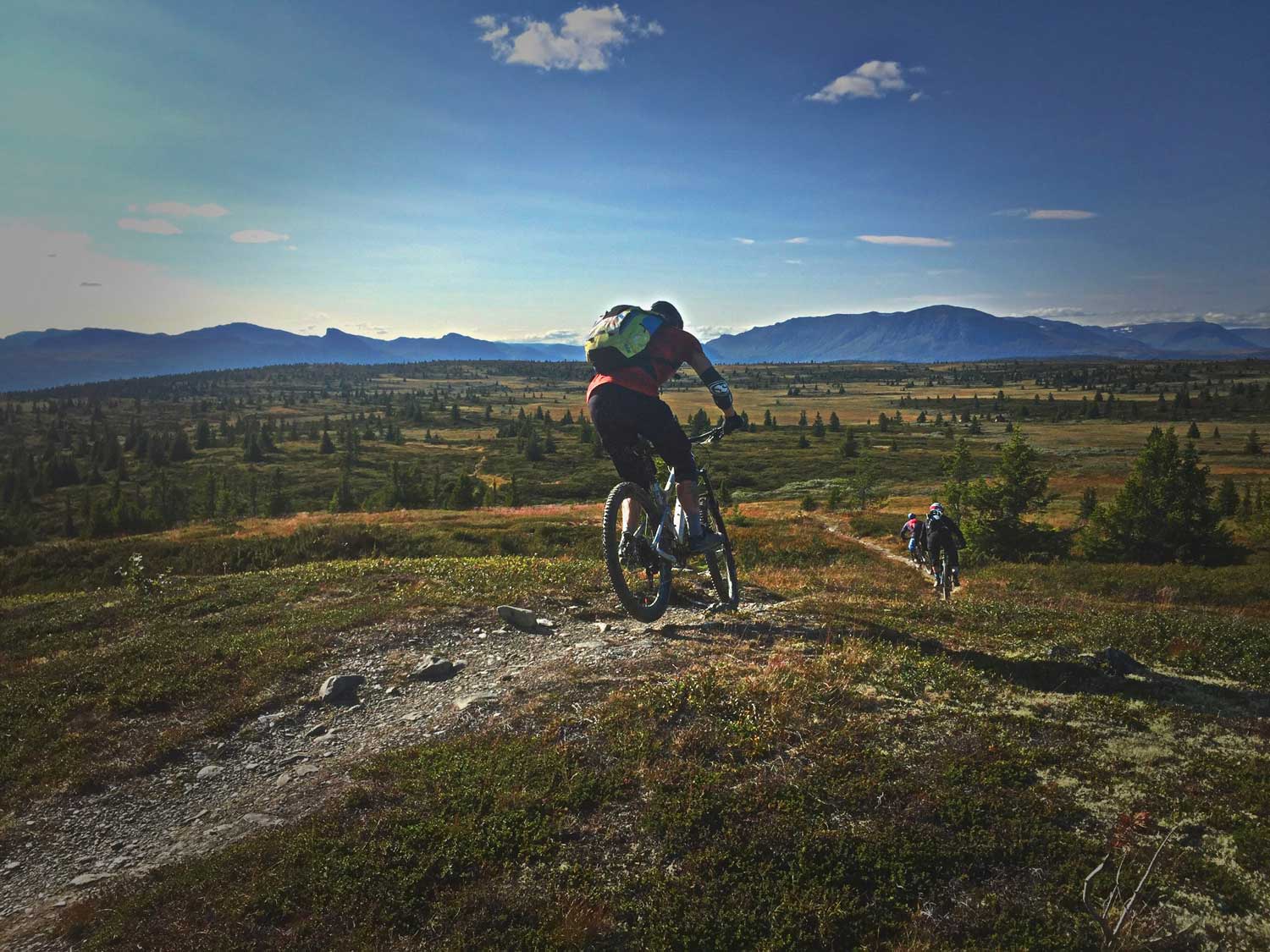 A mountain biker enjoys a sunny day on the trails of Golsfjellet in Hallingdal Norway with breathtaking mountain views serving as a picturesque backdrop.