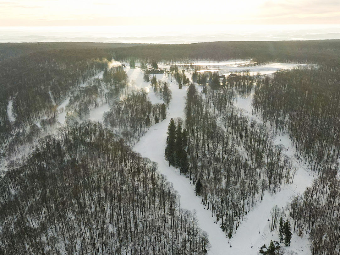 Laurel Mountain in USA - an aerial view of a snow covered forest.
