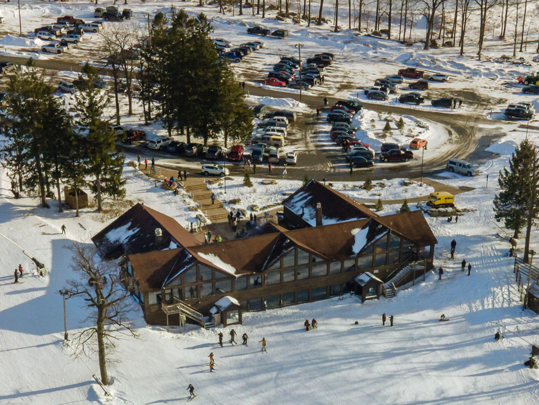Laurel Mountain in USA: an aerial view of a ski resort in the winter.