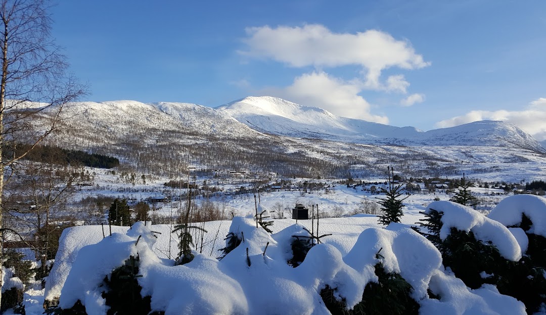 Winter scene at Sunnmørsalpane Skiarena Fjellsætra in Straumgjerde, Norway, featuring a breathtaking snowy mountain backdrop and a bustling winter sports atmosphere.