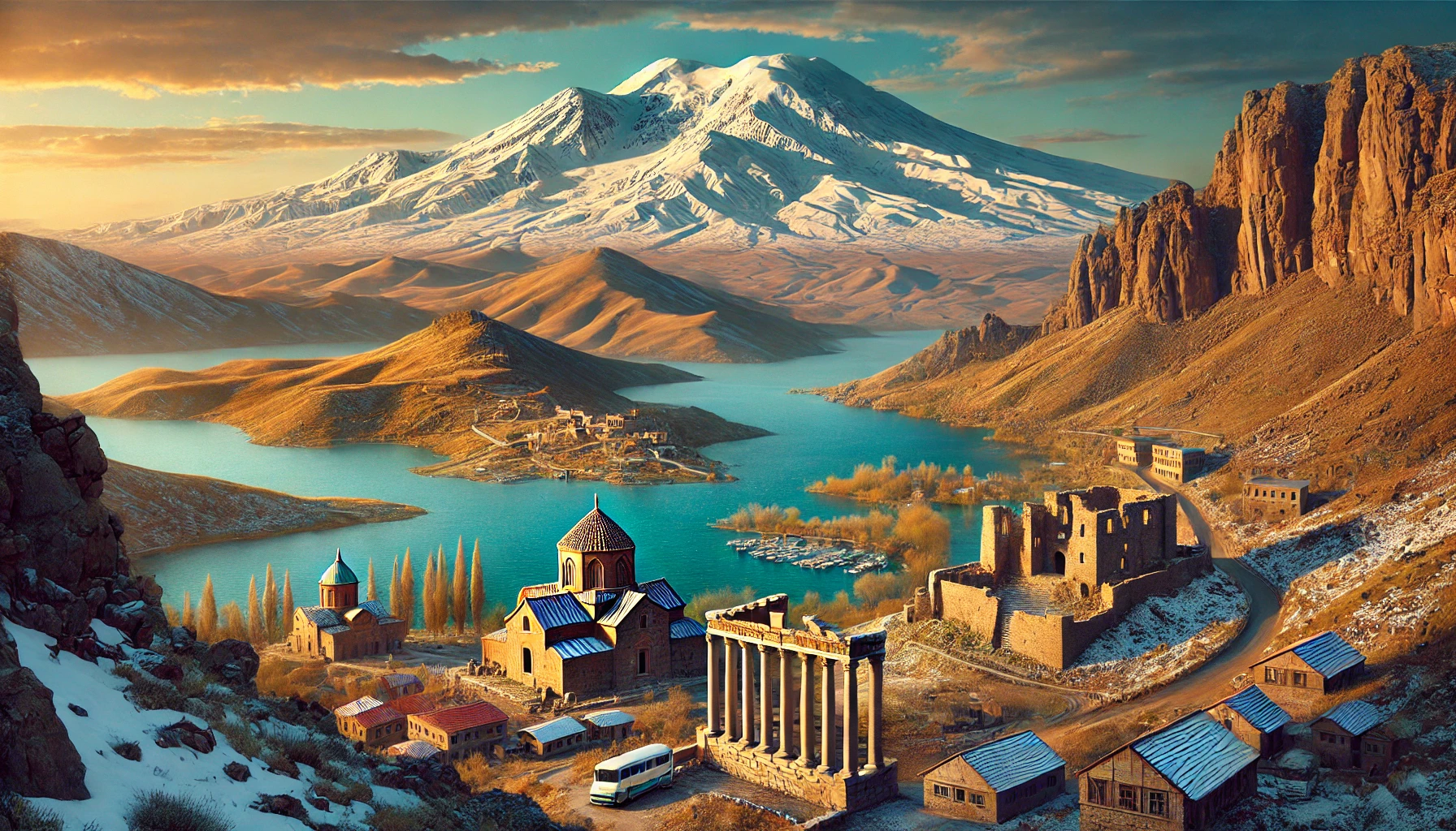 Mount Nemrut in Turkey - a view of the mountains and a lake in the middle of the desert.