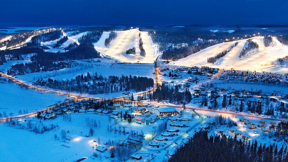 Himos in Finland: an aerial view of the resort at night.