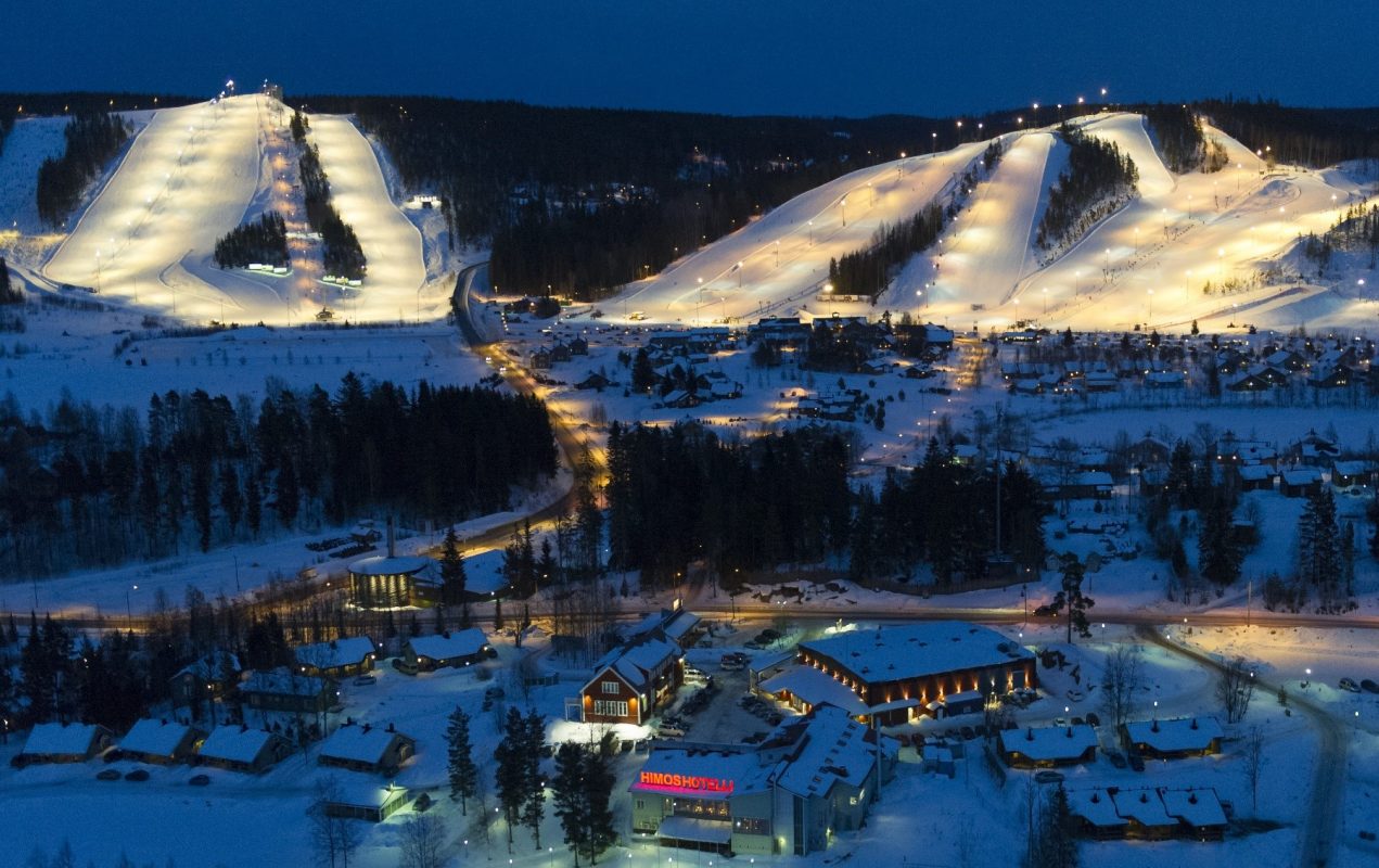 Himos in Finland: a ski resort lit up at night.