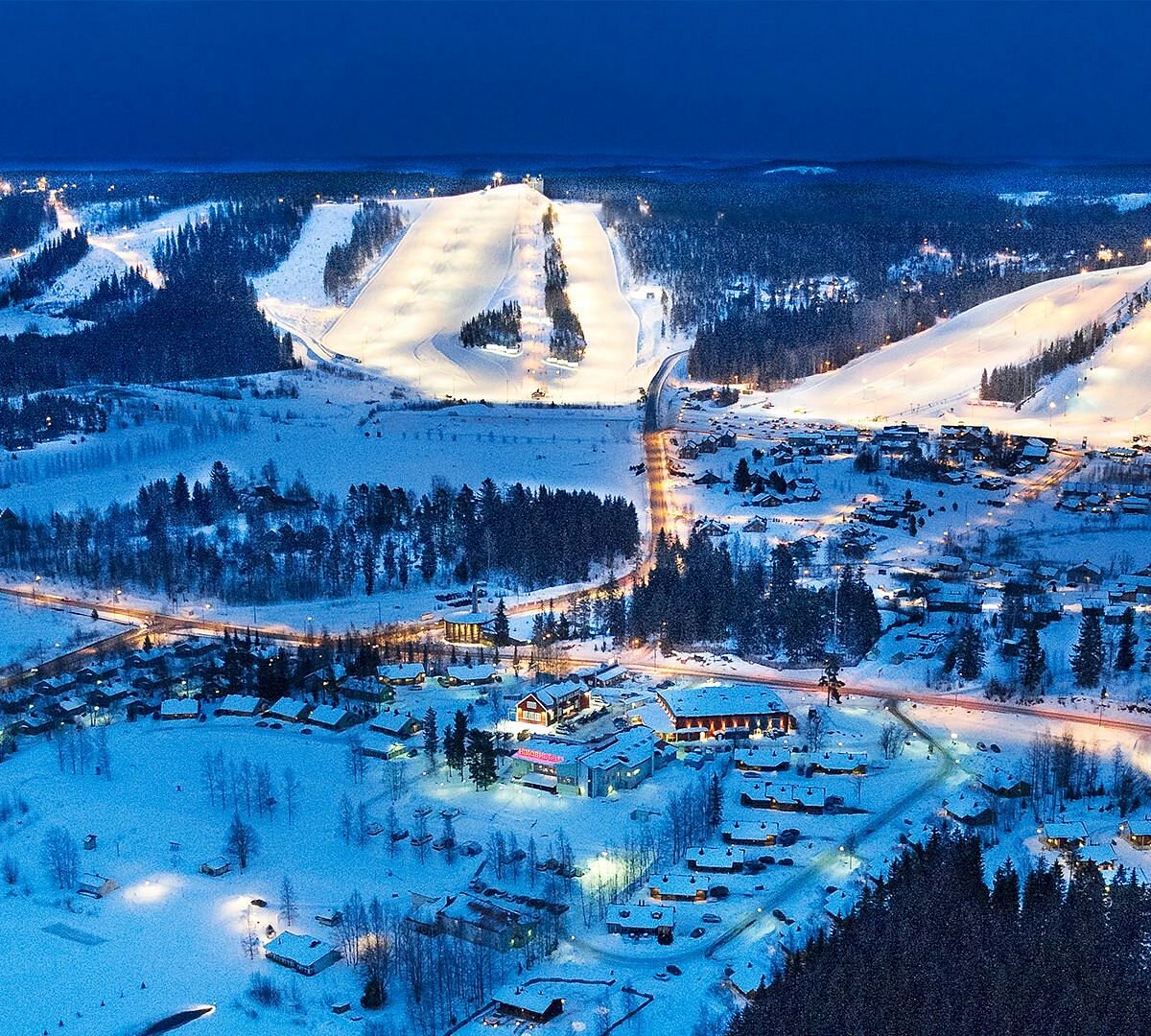 Himos in Finland: an aerial view of the ski resort at night.