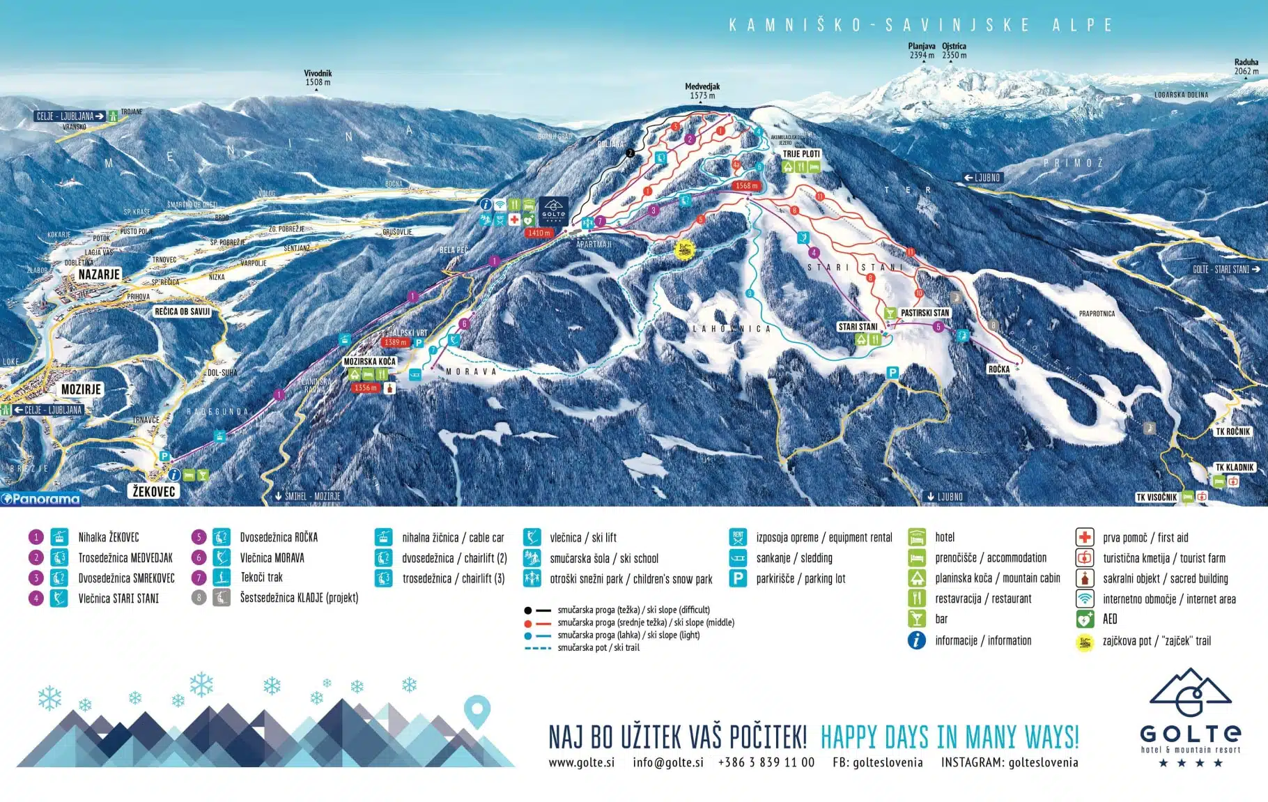 Scenic view of Golte ski resort in Slovenia showcasing snow-covered slopes a ski lift trailing up the mountain and winter sports activities in progress.