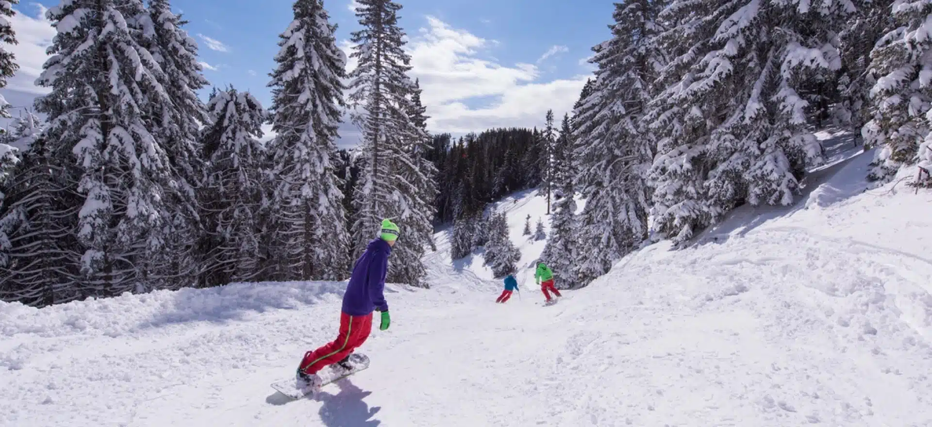 Winter sports scene at Golte in Savinjska, Slovenia, featuring a skier gliding down the slopes of the ski resort, with others enjoying the same activity in the distance.