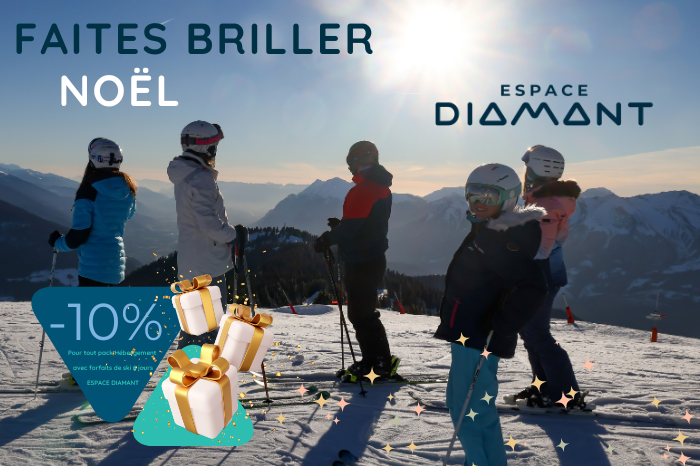 A chalet in Espace Diamant resort area surrounded by a winter sports scene with a family enjoying skiing amidst the breathtaking beauty of Savoie Mont Blanc, France.
