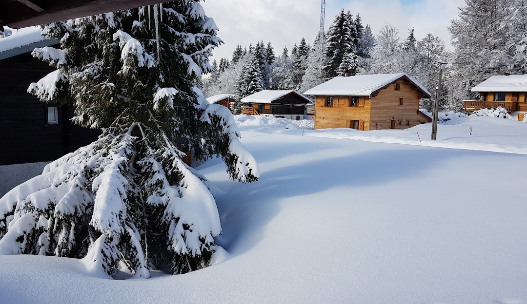 Winter sports scene at La Serra in France, featuring a charming chalet, bustling sports centre, and magnificent winter scenery.