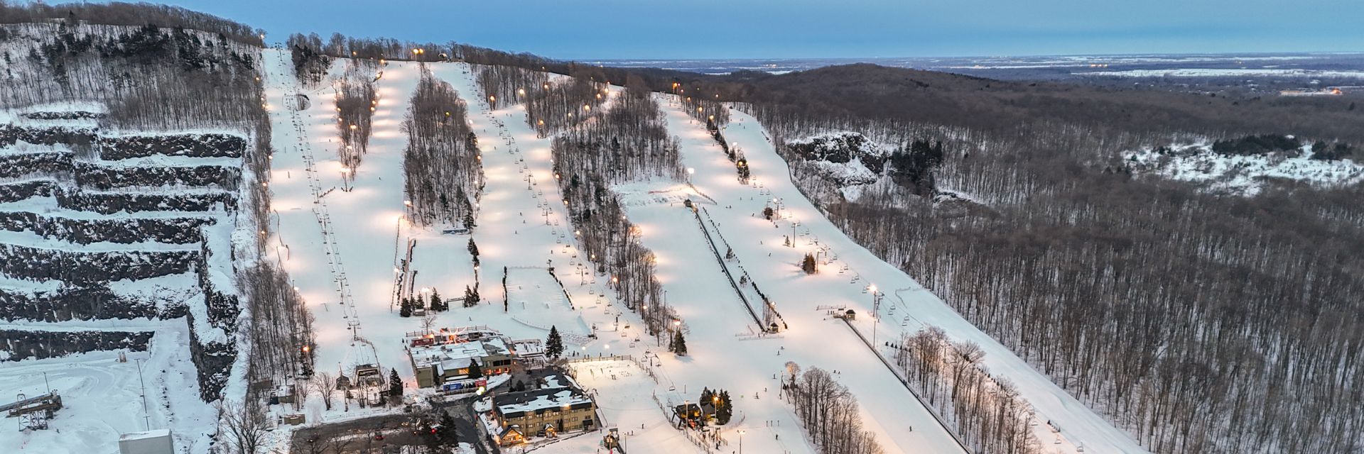 Mont-Vidéo in Canada - an aerial view of the ski area at night.