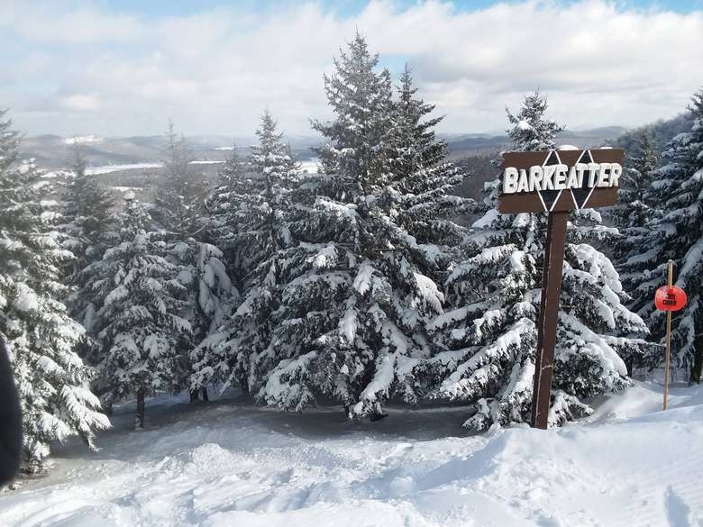 McCauley Mountain Ski Center in USA - a sign in the snow with trees in the background.