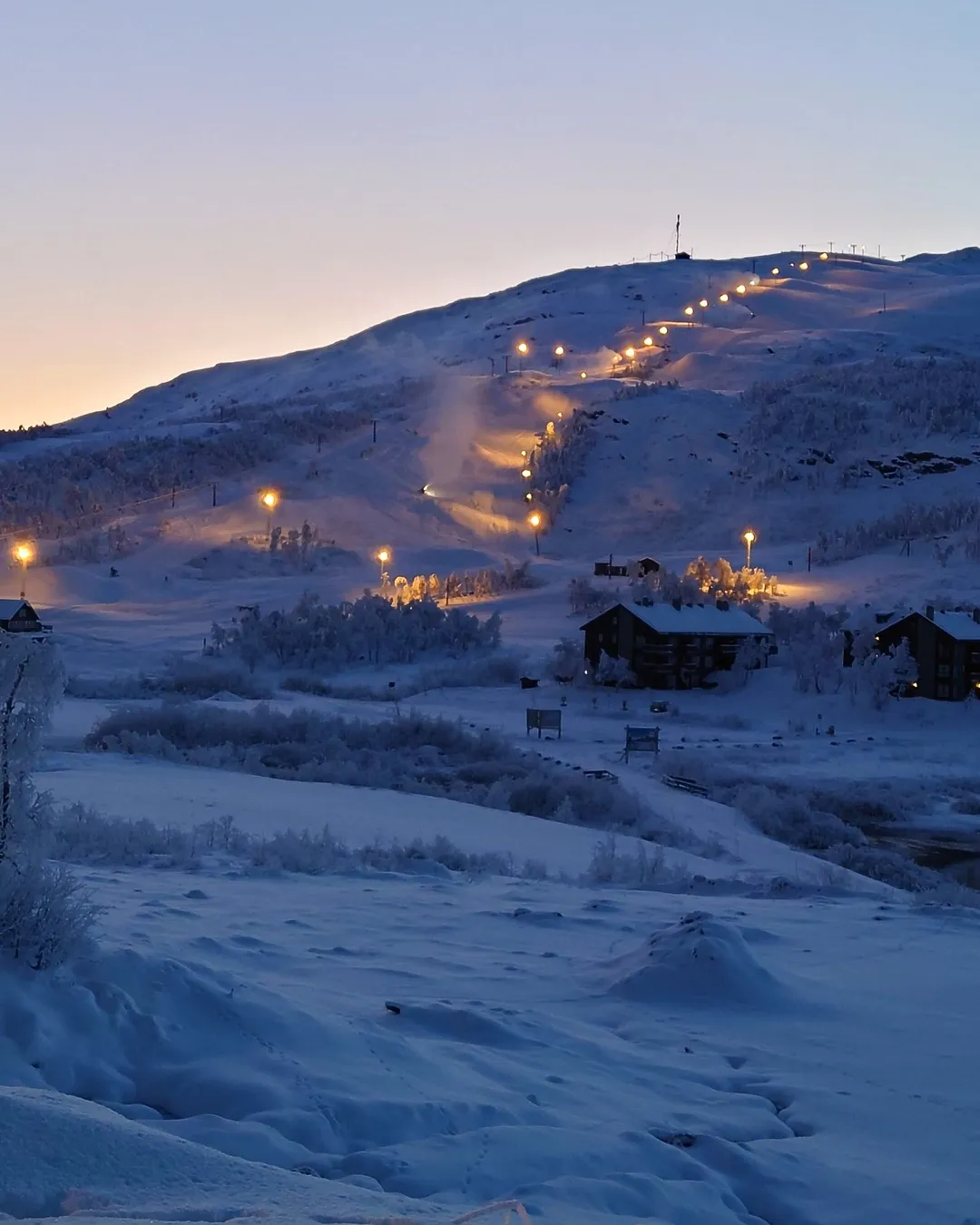 Tyin-Filefjell in Norway: a view of a ski resort at night.