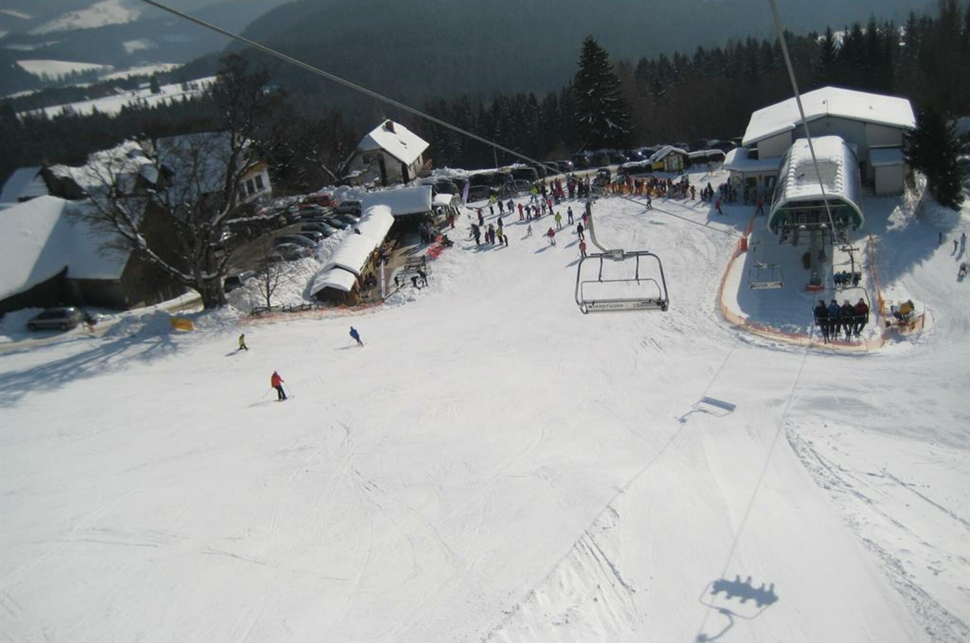 Ski-Waldheimat Hauereck in Austria - a group of people skiing down a hill.
