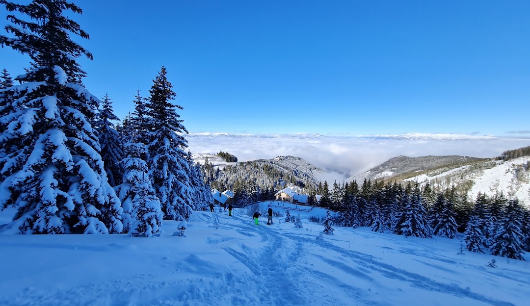 View of Koralpe in Lower Carinthia, Austria, showcasing a lively winter sports scene at a ski resort, with snow-covered slopes adding to the captivating winter setting.