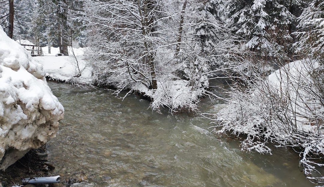 Winter view of Oravská Lesná, Žilina, Slovakia, featuring picturesque snow-covered scenery and a charming chalet amidst a popular winter sports center.