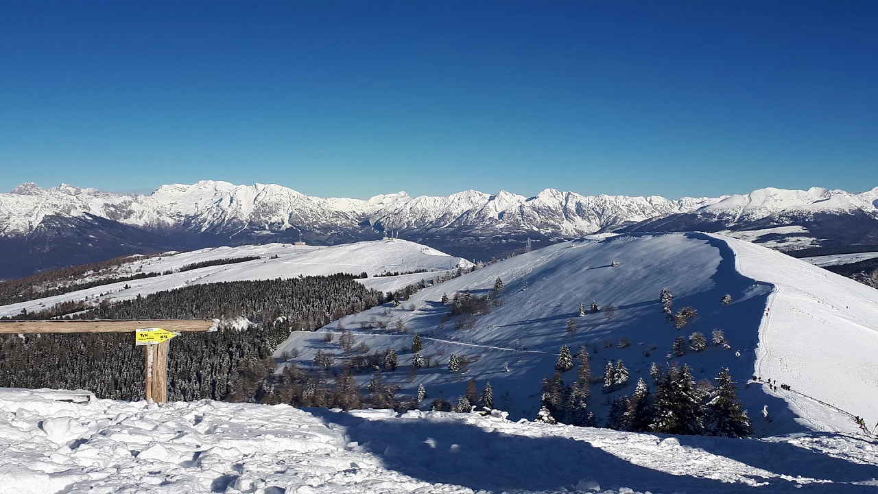 Winter sports enthusiasts enjoying a day at Alpe del Nevegal, a ski resort in Nevegal, Belluno, Italy, featuring a charming chalet amidst a stunning snow-covered landscape.