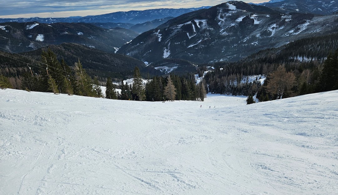 A skier gliding down snow-covered slopes at Brunnalm - Hohe Veitsch a popular ski resort in Styria Austria. A winter sports scene in which a ski lift can be distantly seen.