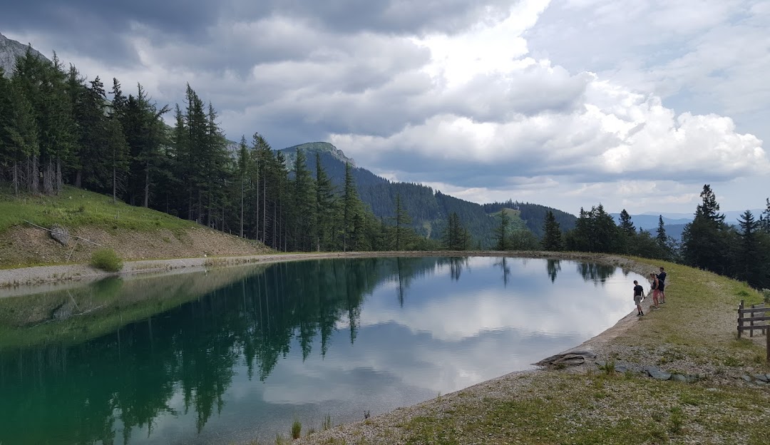 View of serene lake in Brunnalm - Hohe Veitsch, with a remote challet nestled against the backdrop of a towering mountain in Styria, Austria.