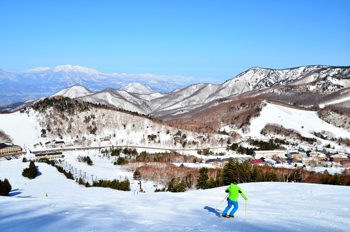 A winter sports scene at Tanne no Mori Okojo ski resort in Nagano, Japan, featuring a skier in motion amidst a stunning winter landscape.