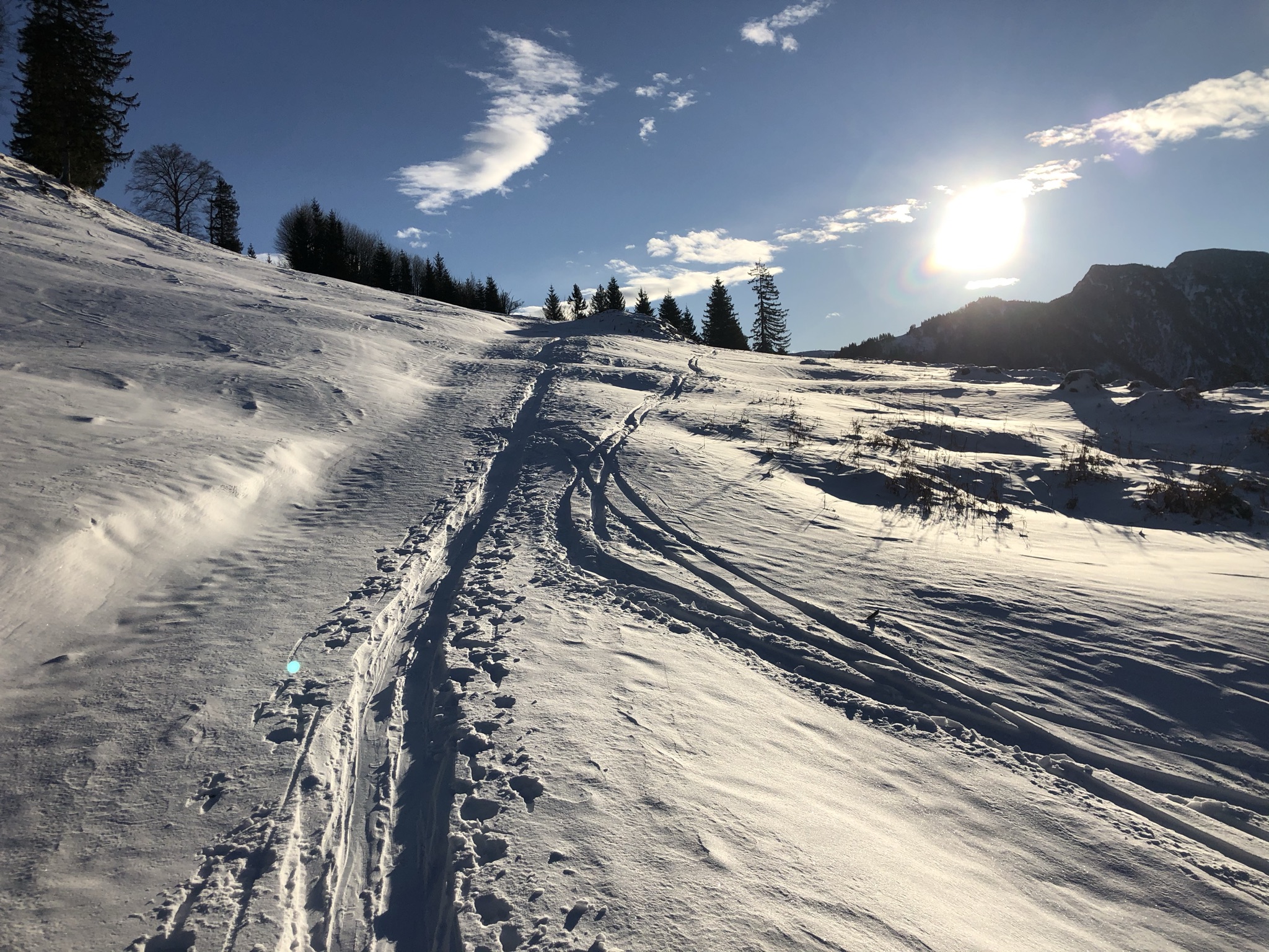 Winter sports scene at Wendelstein – Brannenburg in Bavaria, Germany featuring a skier gliding downhill at a ski resort, with a quaint chalet and snow-covered slopes in the backdrop.