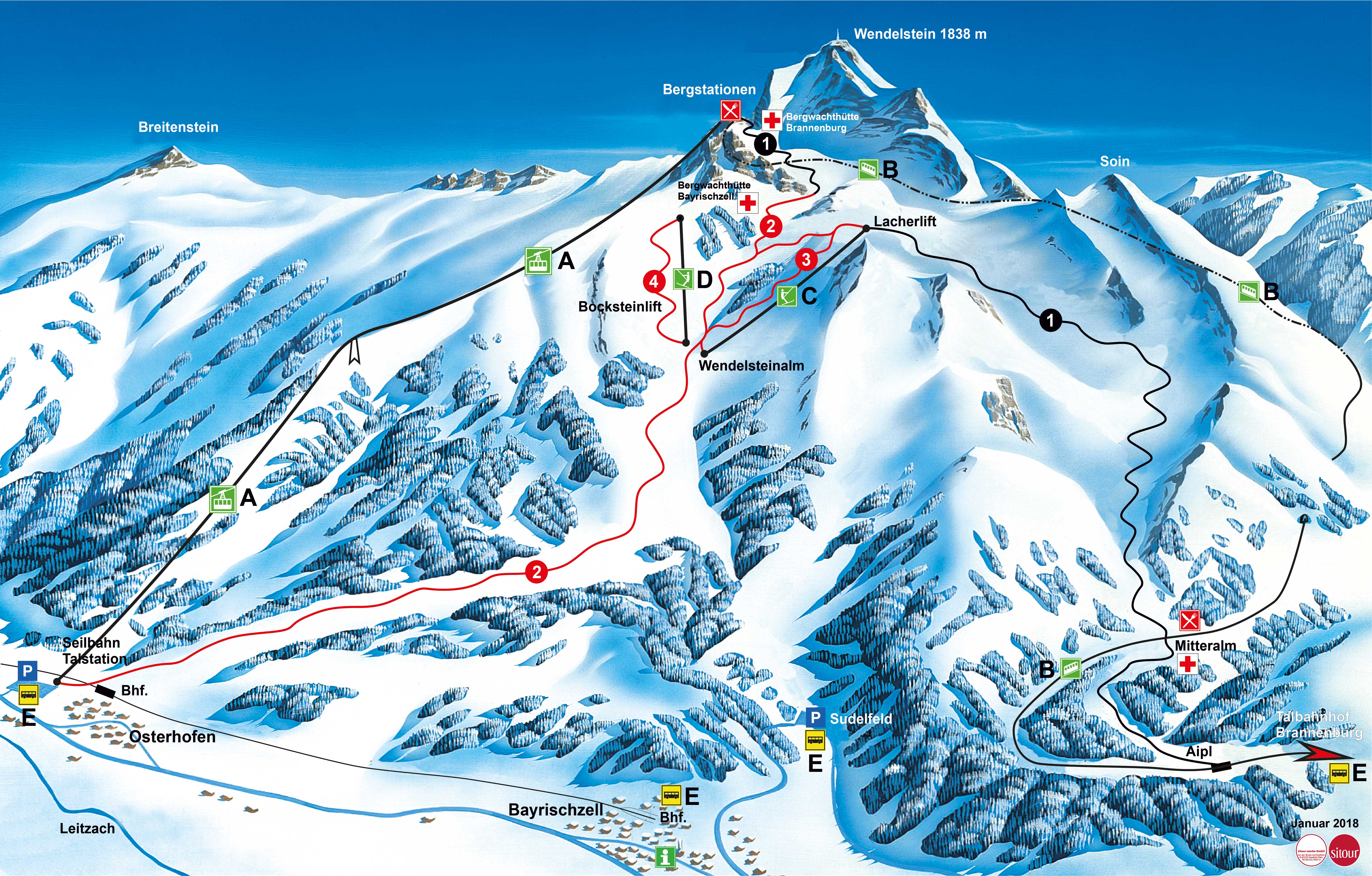 Wintersport enthusiasts enjoying a day at the Wendelstein ski resort in Brannenburg, Upper Bavaria, Germany. A chalet nestles amid snowy mountains with a skier descending the run.