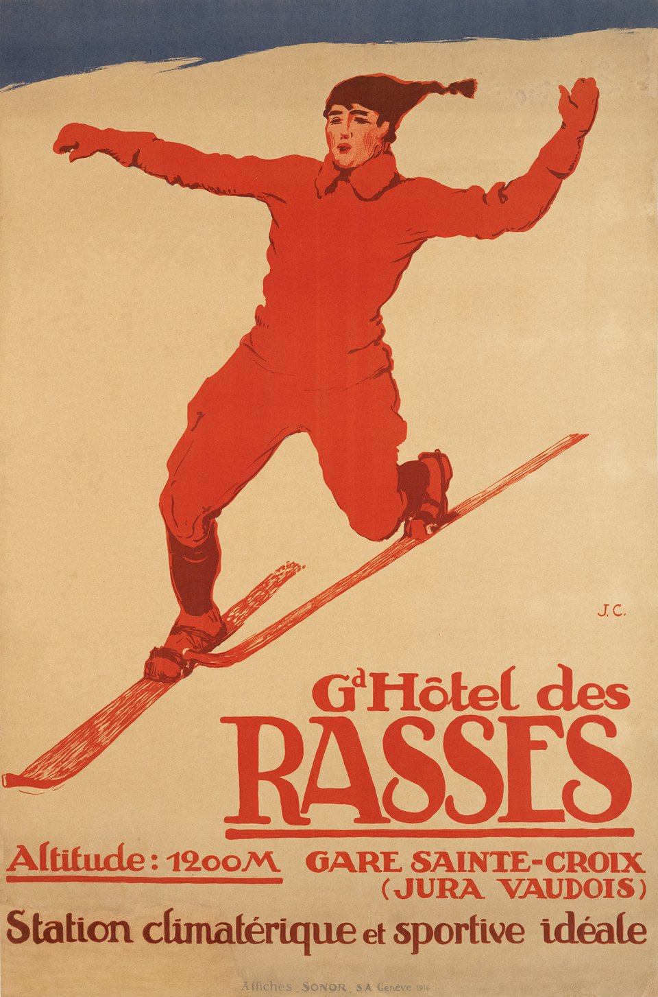 Ste-Croix - Les Rasses in Switzerland - a poster of a man on skis in the air.