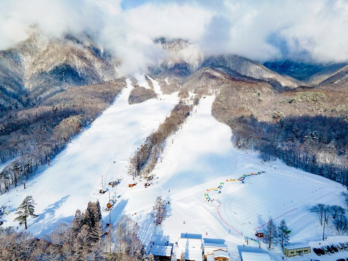 Jiigatake in Japan: an aerial view of a ski resort in the mountains.