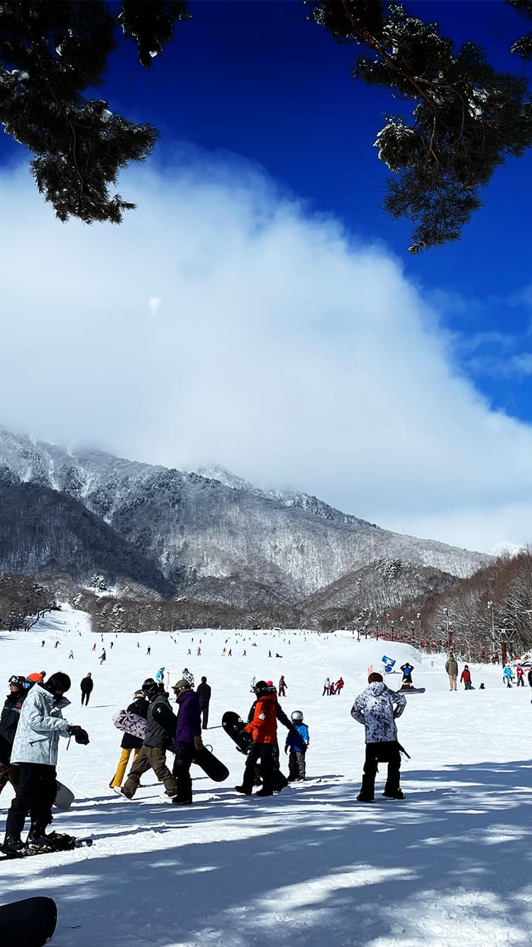 Jiigatake in Japan - a group of people skiing down a snow covered hill.