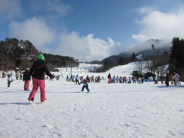 A bustling winter sports scene at Mikawa Onsen in Honshu, Japan showcasing a ski resort, active skiers, and a cozy chalet amidst snowy surroundings.