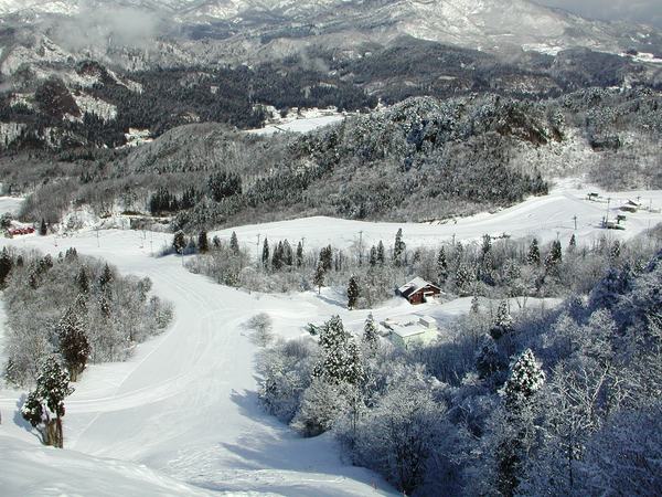 A picturesque view of Mikawa Onsen in Japan featuring a ski resort with a charming chalet, set amidst a stunning winter landscape teeming with winter sports enthusiasts.