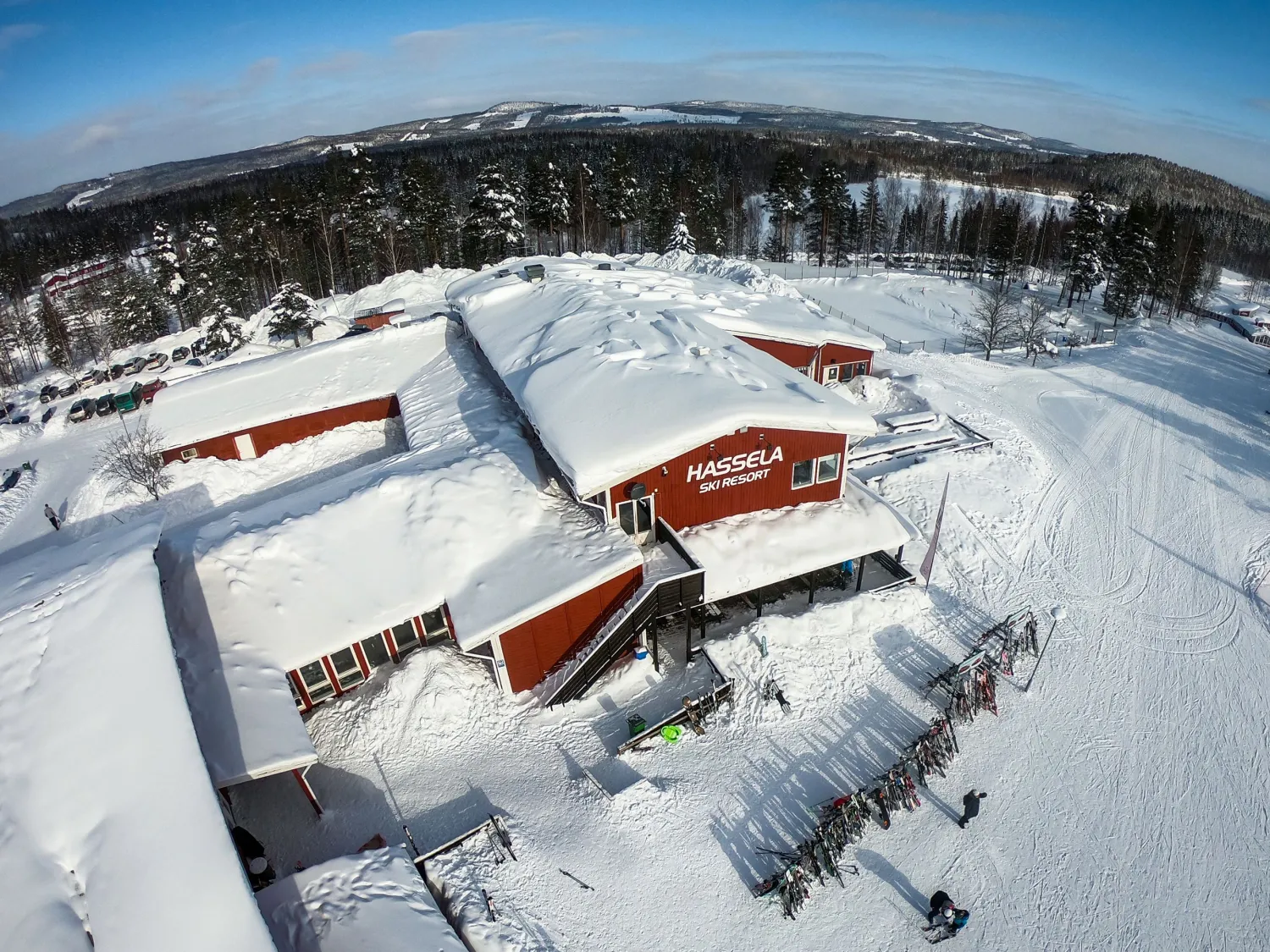 Hassela in Sweden: an aerial view of a ski resort in the mountains.