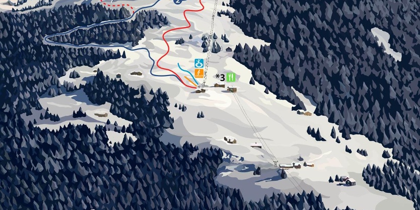 Scenic view at Seilbahnen Sonntag ski resort in Austria, featuring a charming chalet, bustling winter sports scene, and a ski lift navigating the snowy slopes.