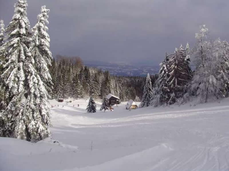 Winter sports enthusiasts enjoying activities at a lively ski resort in Igrišta, Vlasenica, draped in a picturesque blanket of snow, with a cozy chalet in view.