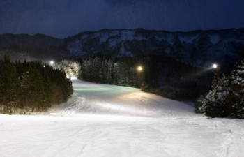 An inviting scene from Taiheizan Opas ski resort in Tōhoku, Japan, encompassing a winter sports center, a charming challet, and a ski lift, all blanketed under a glistening layer of snow.