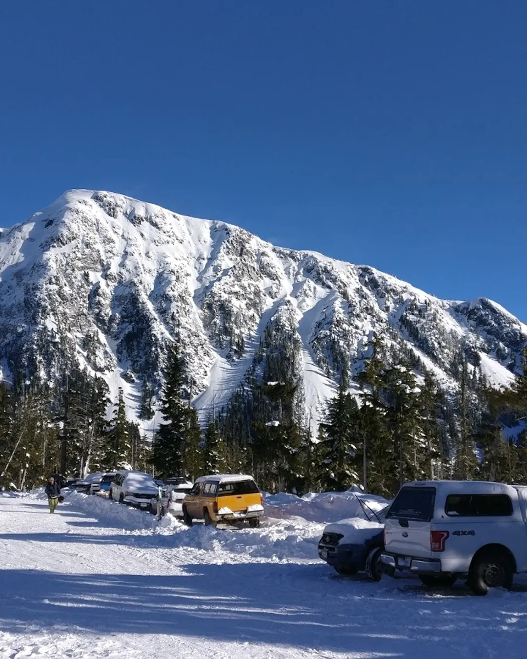 Mount Cain Alpine Park in Canada - a car parked in the snow with mountains in the background.