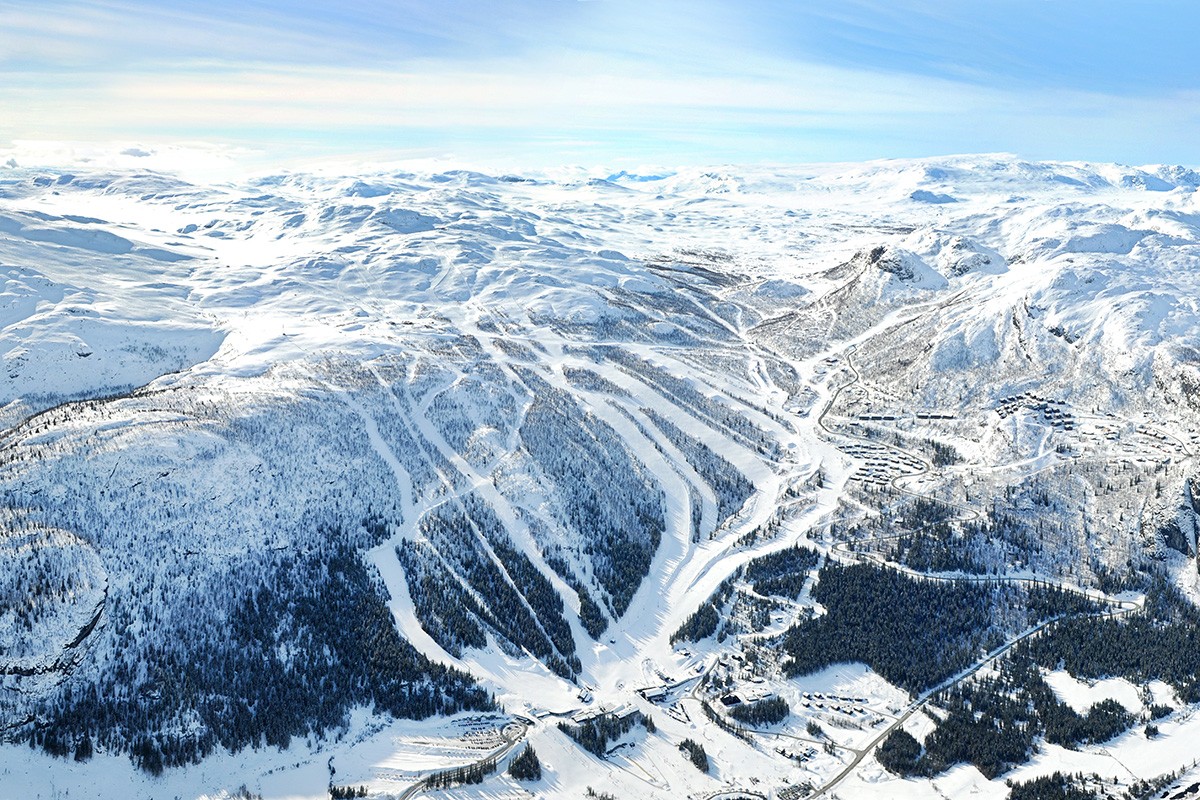 Hemsedal in Norway - a view from the top of a snowy mountain.