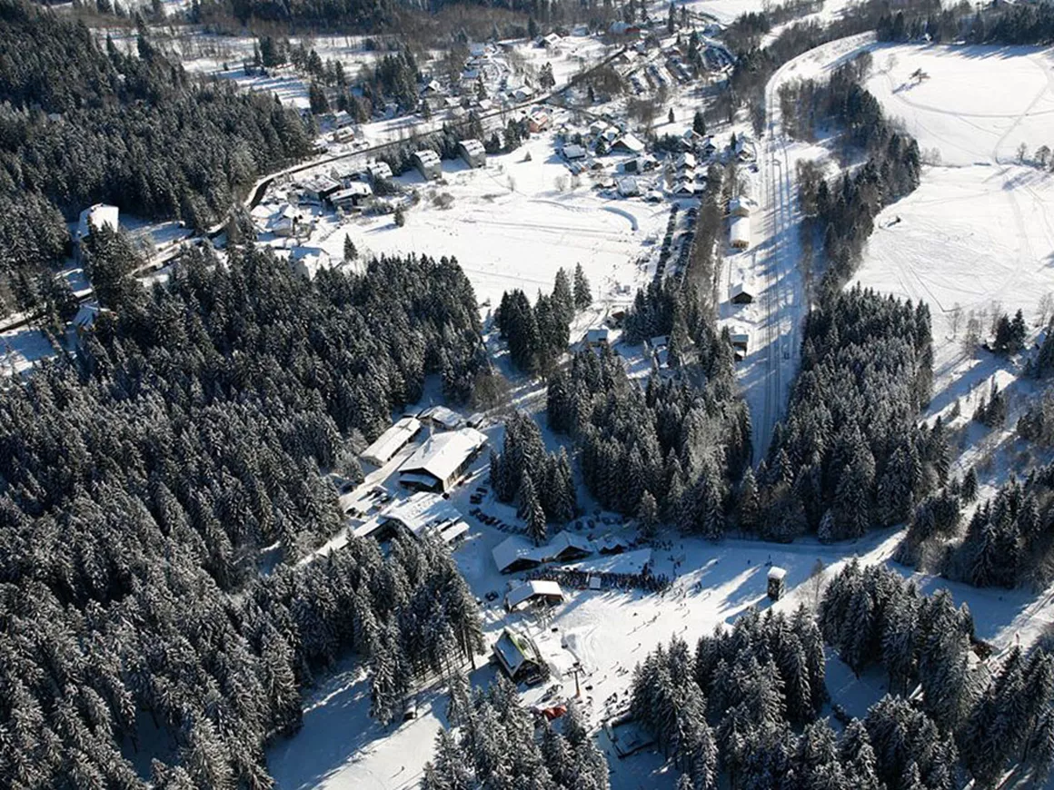 Špičák in Czech Republic: an aerial view of a ski resort surrounded by trees.
