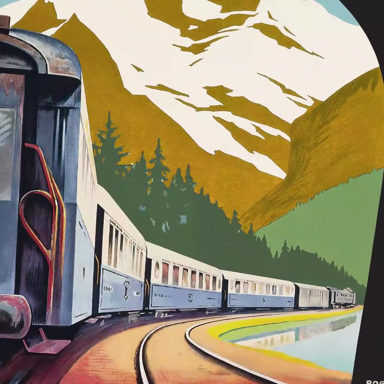 Golden Mountain in China - a painting of a train with mountains in the background.