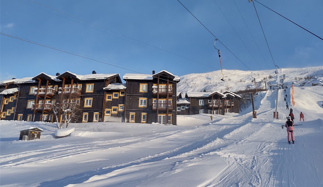 Ski resort in Haukelifjell Skisenter, Vågslid, Norway with a challet and a lodge amidst a stunning winter scenery featuring snow-clad mountains.