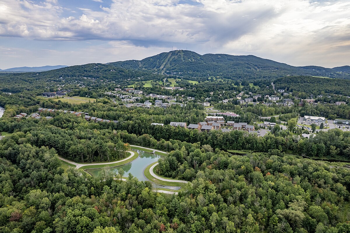 Bromont in Canada - an aerial view of the campus and surrounding mountains.