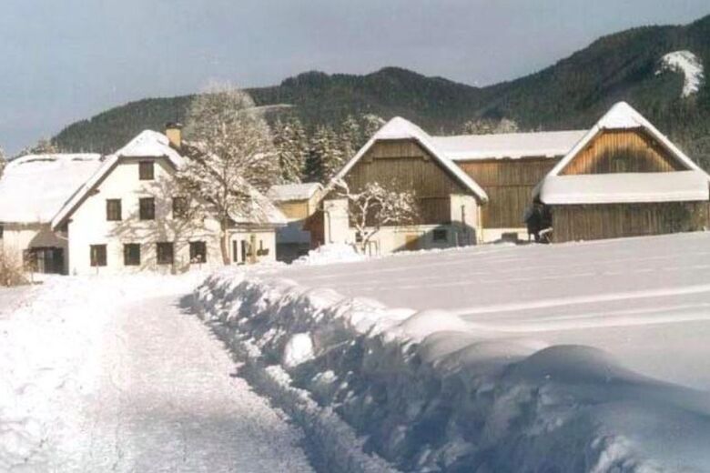 Charming chalet nestled in the snow at the Ski & Bike Park Königsberg in Austria, surrounded by the picturesque winter scenery of the ski resort.