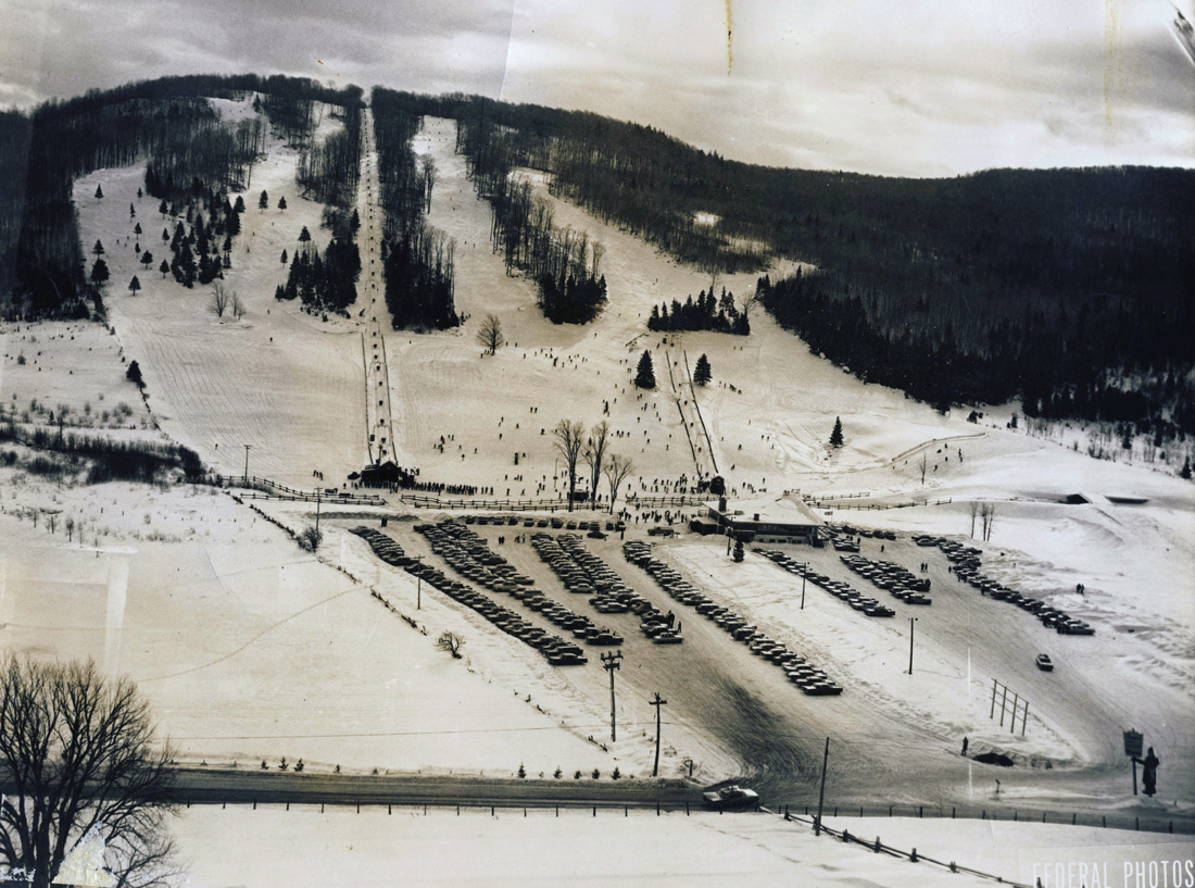 Mont Habitant in Canada: a black and white photo of a ski resort.