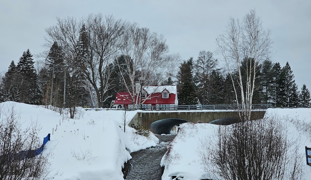 Winter scene at Mont Habitant in Quebec, featuring a winter sports centre, a chalet, and stunning natural scenery covered in snow.