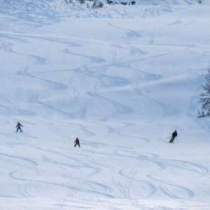 Winter scene at Tännäskröket in Northern Sweden, featuring a bustling ski resort filled with skiers enjoying the slopes and a charming chalet nestled amidst the snowy landscape.
