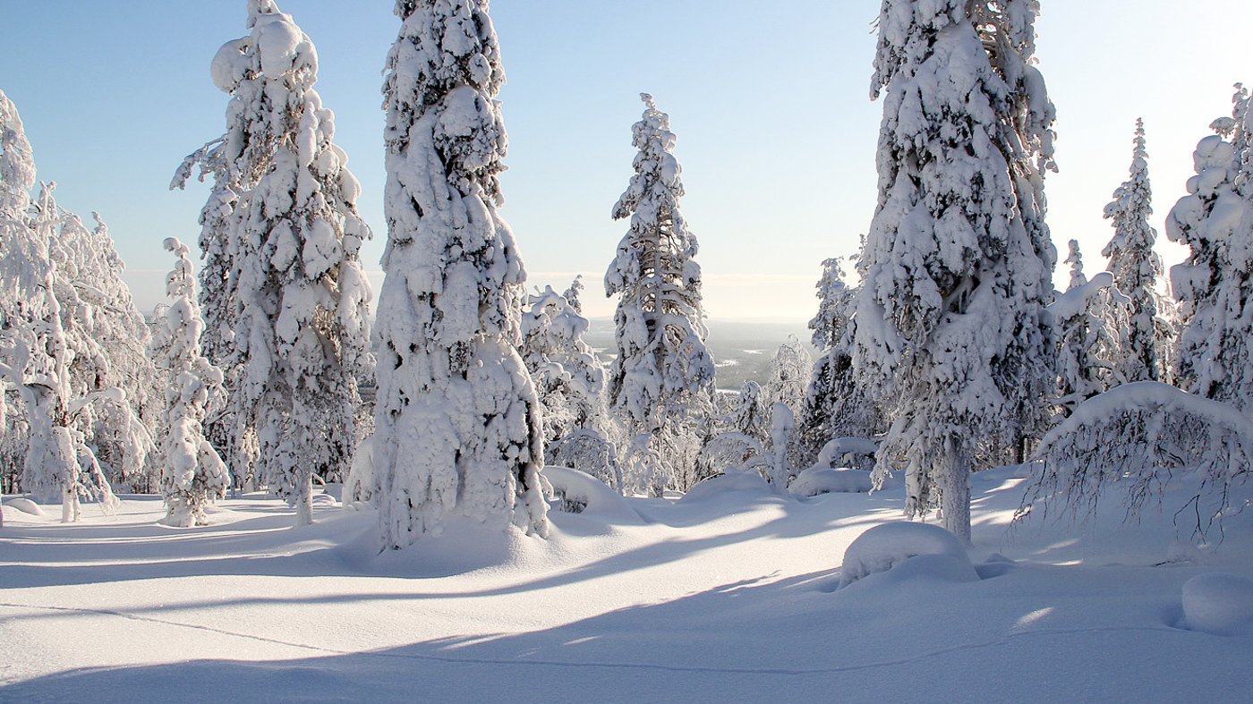 A winter sports scene at Suomutunturi Lapland Northern Finland featuring snow-covered slopes at a ski resort amidst stunning winter scenery.