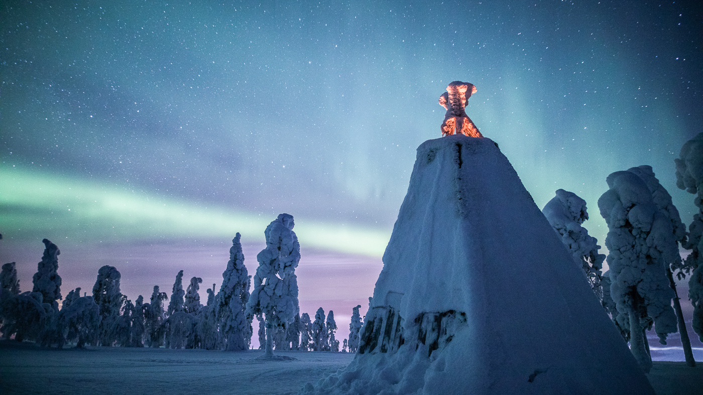 A captivating winter sports scene in Suomutunturi Lapland portrayed with figures enjoying their sport amidst the stunning winter landscape of a Northern Finnish ski resort.