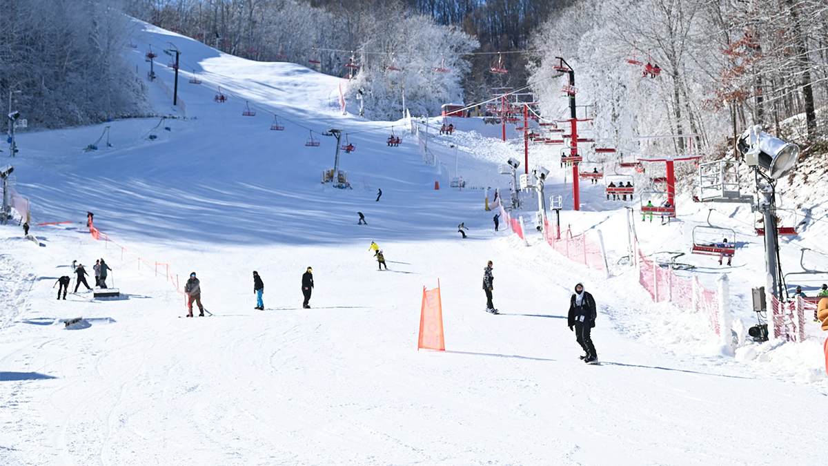 Ober Mountain in USA - a group of people skiing down a snowy slope.